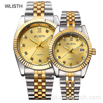 Relógios de marca WLISTH Couple Aço inoxidável Quartz Luxury Lover&#39;s Watch Calendário de presente fino Relógio de pulso de strass para marido e pai